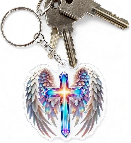 Acrylic Angel Wings Cross Keychain with Rainbow Holographic Design, Lightweight Backpack Charm with Lobster Clasp in Saudi Arabia