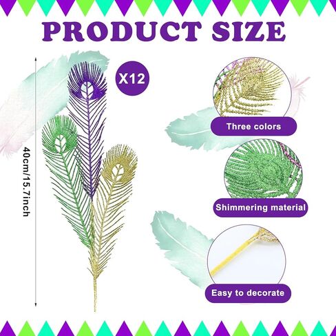 Hotop 12 Pcs Mardi Gras Picks Decorations 16 Inch Glitter Mardi Gras Purple Gold Green Artificial Berry Stems Sprays for Tree Topper Vase Table Centerpieces Carnival Party(Feather) in Saudi Arabia