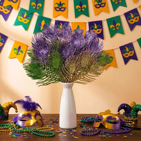 Hotop 12 Pcs Mardi Gras Picks Decorations 16 Inch Glitter Mardi Gras Purple Gold Green Artificial Berry Stems Sprays for Tree Topper Vase Table Centerpieces Carnival Party(Feather) in Saudi Arabia