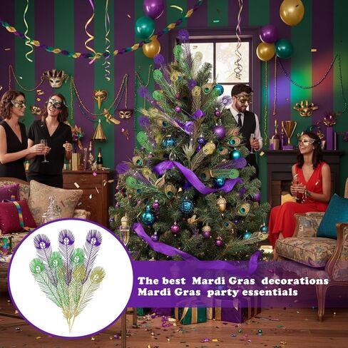 Hotop 12 Pcs Mardi Gras Picks Decorations 16 Inch Glitter Mardi Gras Purple Gold Green Artificial Berry Stems Sprays for Tree Topper Vase Table Centerpieces Carnival Party(Feather) in Saudi Arabia