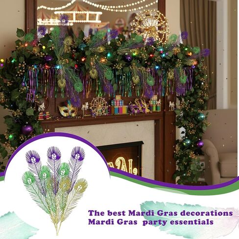 Hotop 12 Pcs Mardi Gras Picks Decorations 16 Inch Glitter Mardi Gras Purple Gold Green Artificial Berry Stems Sprays for Tree Topper Vase Table Centerpieces Carnival Party(Feather) in Saudi Arabia