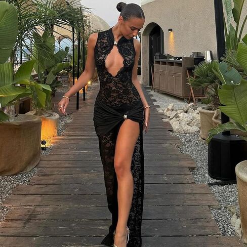 Women's Lace Sheer Maxi Dress Sleeveless High Slit See Through Hollow Out Slim Fit Black Bodycon Vacation Party Wear in Saudi Arabia