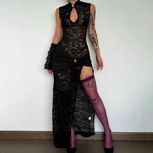 Women's Lace Sheer Maxi Dress Sleeveless High Slit See Through Hollow Out Slim Fit Black Bodycon Vacation Party Wear in Saudi Arabia