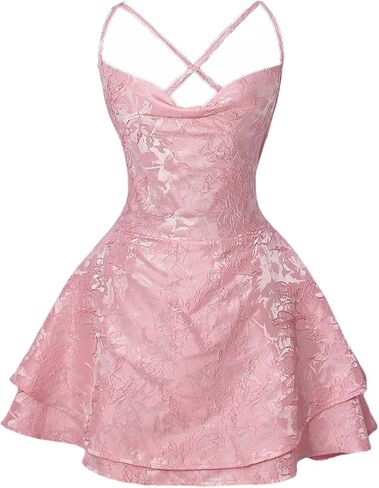 SOLY HUX Women's Floral Jacquard Mini Dress Cowl Neck Draped Layered Backless A Line Party Dresses in Saudi Arabia