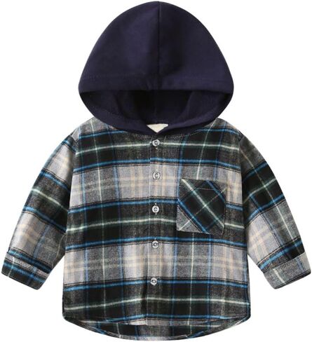 Boys Plaid Hooded Shirts Jacket Long Sleeve Button Down Jackets with Pockets Top for 2-10T in Saudi Arabia