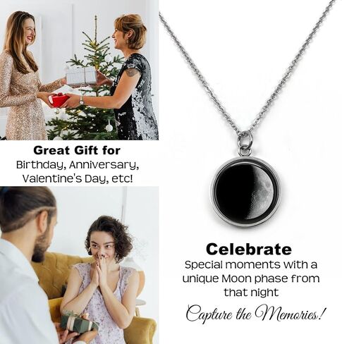 Custom Glow in the Dark Birth Moon Necklace – Personalized Stainless Steel Pendant with 1 to 4 Lunar Phase Charms, Engraved Date Jewelry for Mom, Wife, or Her Gift, Hypoallergenic & Nickel Free in Saudi Arabia