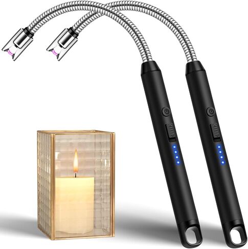 LcFun Electric Candle Lighters USB Rechargeable Lighter with LED Battery Display, 2 Pack Windproof Long Arc Lighter for Grill BBQ Camping Fireplace Stove (Double Black) in Kuwait