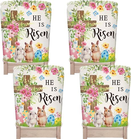 JarThenaAMCS 4Pcs Easter Chair Back Cover Watercolor Flower Egg Bunny Rabbit Cross Seat Covers Dining Chair Slipcover Protector for Spring Home Kitchen Decor in Saudi Arabia