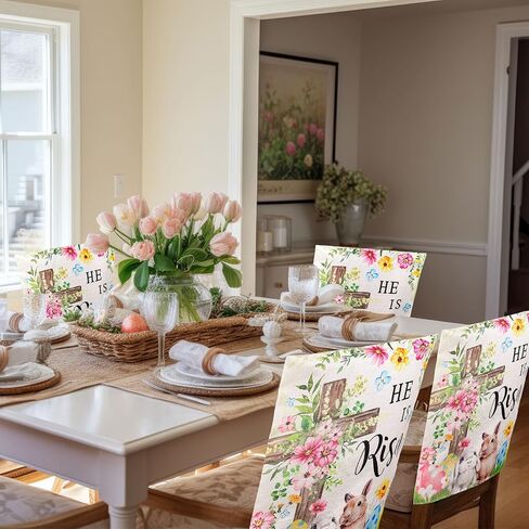 JarThenaAMCS 4Pcs Easter Chair Back Cover Watercolor Flower Egg Bunny Rabbit Cross Seat Covers Dining Chair Slipcover Protector for Spring Home Kitchen Decor in Saudi Arabia