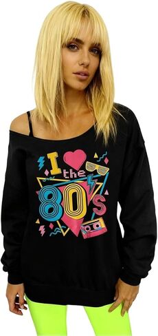 Fussinatioanry 80s 90s Outfit Women Vintage Party 90s Disco Shirt Off The Shoulder Sweatshirt Retro Neon I Love The 80's Tops in Saudi Arabia
