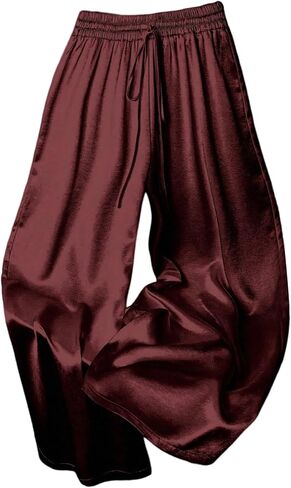 winkbay Women's Plus Size Satin Wide Leg Pants Dressy Casual Drawstring Elastic Waist Trousers in Saudi Arabia