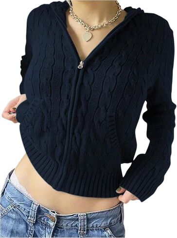 GORGLITTER Women's Cropped Zip Up Sweater Hoodie Cardigan Cable Knit Long Sleeve Y2K Hooded Jacket Fall Trendy 2025 in Saudi Arabia