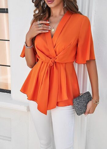 V-Neck Knot Front Blouse: Vibrant Orange, Flowy Fabric, Perfect for Summer Outfits & Casual Events in Saudi Arabia