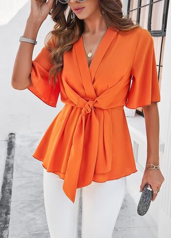 V-Neck Knot Front Blouse: Vibrant Orange, Flowy Fabric, Perfect for Summer Outfits & Casual Events in Saudi Arabia