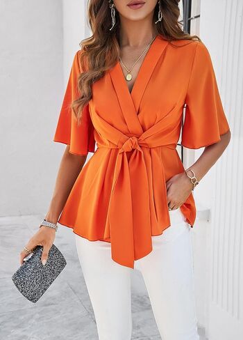 V-Neck Knot Front Blouse: Vibrant Orange, Flowy Fabric, Perfect for Summer Outfits & Casual Events in Saudi Arabia