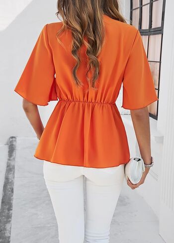V-Neck Knot Front Blouse: Vibrant Orange, Flowy Fabric, Perfect for Summer Outfits & Casual Events in Saudi Arabia