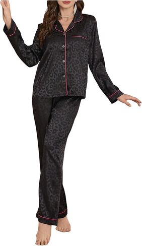 OYOANGLE Women's Satin Pajama Set Leopard Jacquard Button Down Sleepwear Long Sleeve Shirt Pants Pjs Sleepwear in Saudi Arabia