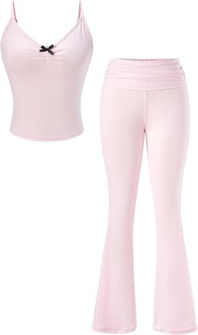 winkbay Women's Cute Pajamas 2 Piece Bow Deep V Neck Crop Cami Top and Ruched Flare Pants Lounge Sets Sleepwear in Kuwait