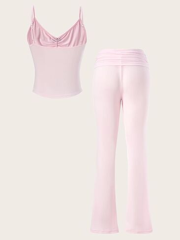 winkbay Women's Cute Pajamas 2 Piece Bow Deep V Neck Crop Cami Top and Ruched Flare Pants Lounge Sets Sleepwear in Saudi Arabia