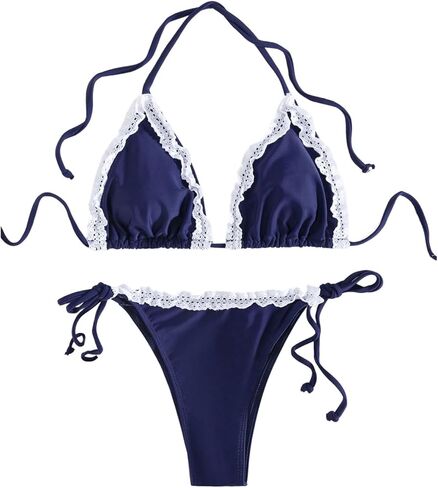 SHENHE Women's Bikini Set Triangle Halter Tie String Swimsuits Lace Trim 2 Piece Bathing Suits in Saudi Arabia