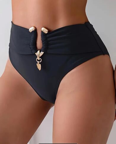 Andrea's Deals 1pc Women's High-Waisted Bikini Bottoms with Metallic Accents Black L in Saudi Arabia