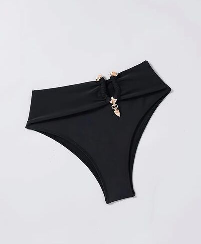 Andrea's Deals 1pc Women's High-Waisted Bikini Bottoms with Metallic Accents Black L in Saudi Arabia