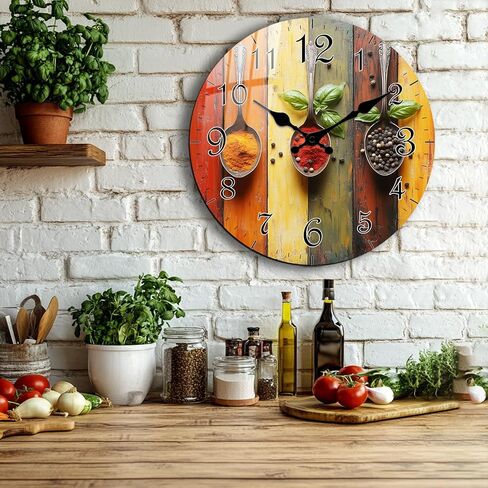 JENGRYOE 10 Inch Vintage Spice Wall Clock - Wooden Silent Wall Clocks, Small Decorative Wall-Clock Battery Operated, Non Ticking Analog Clock for Kitchen Bedroom Office Home Decor in Saudi Arabia