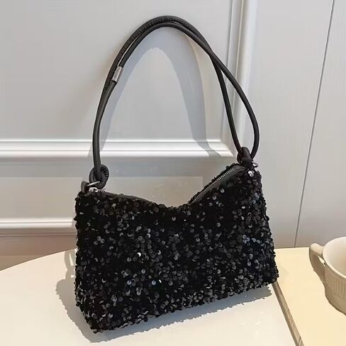 Lightweight Sparkling Sequin Women's Small Square Shoulder Bag, Nylon Fashion Handbag with Zipper Closure, Fixed Strap & Polyester Lining, Evening Clutch for Casual or Formal Events, Black in Saudi Arabia