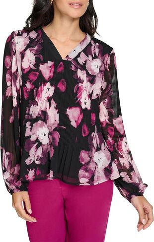 Calvin Klein Womens Long Sleeve Pleated Woven Top in Saudi Arabia
