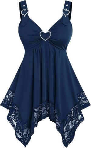 ROSE GAL Plus Size Women Heart Ring Buckled Casual Summer Flowy Lace Handkerchief Hem Tank Top in Saudi Arabia