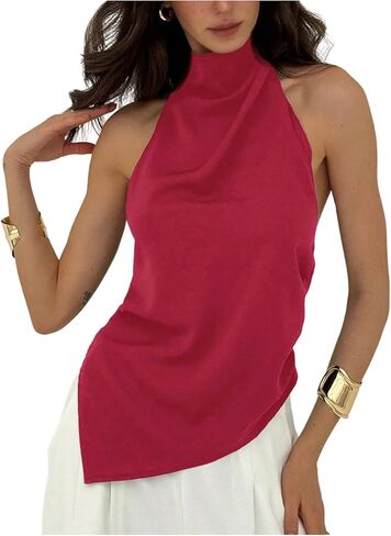 MakeMeChic Women's Asymmetrical Halter Tops Y2k Open Back Going Out Tops in Saudi Arabia