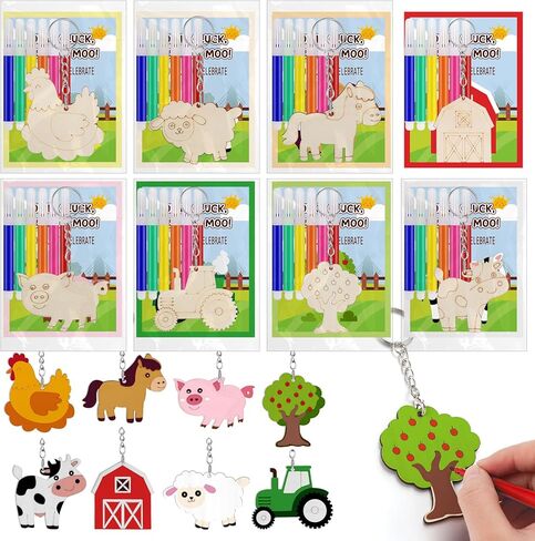 Amyhill 24 Sets Farm Animals Party Favors DIY Wooden Keychain Painting Crafts Kits with Cards Watercolor and OPP Bags for Exchange Gifts DIY Art Prize Western Party Supplies in Saudi Arabia