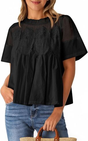 Cicy Bell Womens Babydoll Lace Blouses Short Sleeve Ruffle Crew Neck Peplum Tops Dressy Casual Loose Fit Shirts in Saudi Arabia