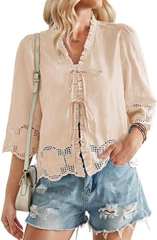 Falechay قمصان أمامية بربطة عنق للنساء برقبة على شكل V وأكمام 3/4 خطاف مطرزة بالزهور بلوزات لطيفة بحاشية دانتيل ملابس بوهو in Kuwait