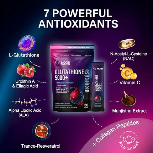 Liposomal Glutathione 5000mg Powder Drink – 7 Antioxidants Complex with Urolithin A, NAC, ALA, Resveratrol, Manjistha & Collagen – Skin Brightening, Anti-Aging, Detox, Hydration – 30 Sachets in Saudi Arabia