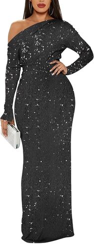 Kergolsd Sparkly Sequin Prom Dress One Shoulder Mermaid Bodycon Long Sleeves Formal Evening Gowns Cocktail Party Dress in Saudi Arabia