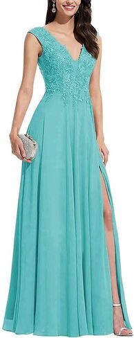 فساتين وصيفة العروس من WIEQYO مقاس كبير ورقبة على شكل V من الشيفون والأربطة مزينة بخط طويل وفتحة طويلة فساتين سهرة رسمية in Kuwait