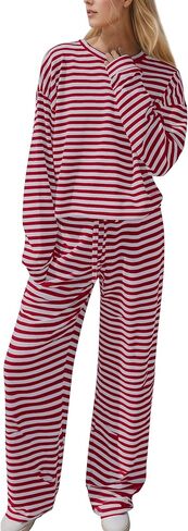 OLAPTA 2 Piece Striped Lounge Sets Women Long Sleeve Crewneck Shirts Wide Leg Pants 2025 Fall Casual Pajama Matching Outfits in Kuwait