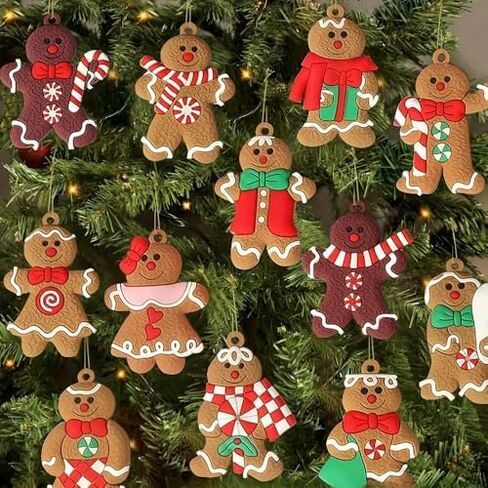 12pcs Christmas Gingerbread Hanging Ornaments, Cute Snowman & Santa Claus Figurines with Sugar Cookie House, Festive Xmas Tree Hanging Decor for Holiday Party and DIY Crafts in Saudi Arabia