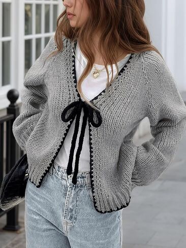 Womens Tie Front V Neck Long Sleeve Solid Loose Fit Knit Cardigan Casual Comfy Sweater Going Out in Saudi Arabia