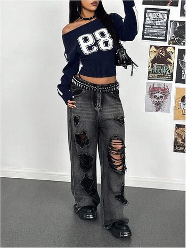 MakeMeChic Women's Off The Shoulder Sweater Number Long Sleeve Knit Y2k Pullover Tops in Saudi Arabia