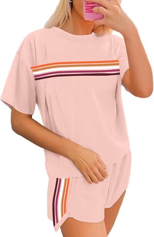MYHALF Womens 2 Piece Short Sets Summer Outfits Rainbow Stripes Shirts 2025 Two Piece Lounge Set Matching Shorts in Saudi Arabia