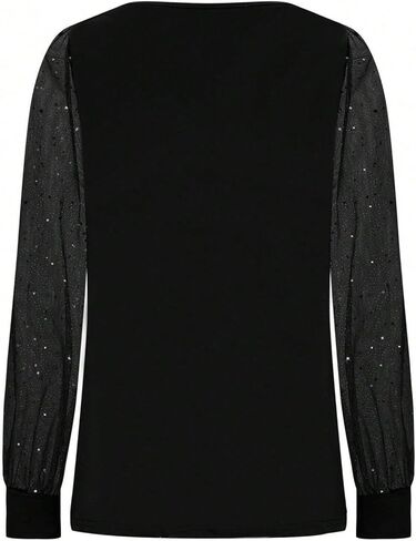 GORGLITTER Women's Long Sleeve Sequin Top Glitter Sheer Mesh Crew Neck Elegant Dressy Party Blouse Shirt in Saudi Arabia