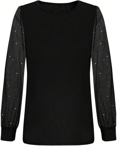 GORGLITTER Women's Long Sleeve Sequin Top Glitter Sheer Mesh Crew Neck Elegant Dressy Party Blouse Shirt in Saudi Arabia
