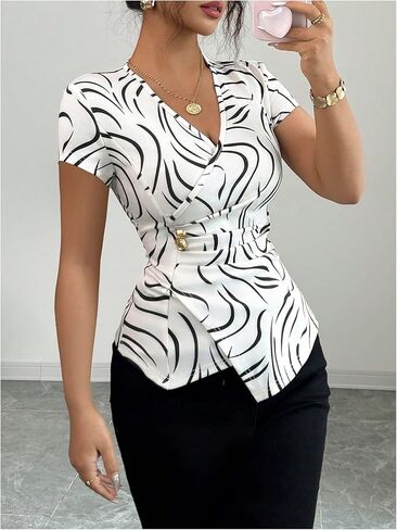 Floerns Women's Elegant Short Sleeve Blouses Wrap V Neck Ruched Dressy Casual Tops in Saudi Arabia
