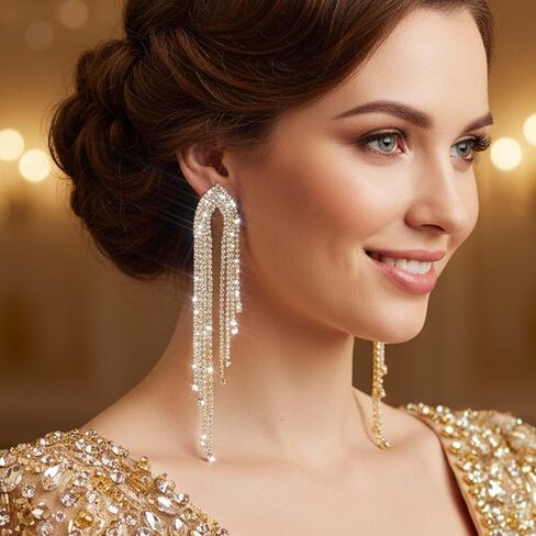 Lorealri Gold Rhinestone Dangle Earrings Elegant Sparkly Formal Long Chain Crystal Chandelier Earring Wedding Banquet Ear Jewelry for Women in Saudi Arabia