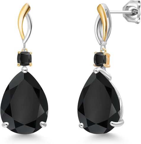 Gem Stone King 20.38 Cttw Black Onyx Drop Dangle Earrings For Women | 925 Silver and 10K Yellow Gold | Gemstone December Birthstone | Pear Shape 18X13MM and Cushion 4MM in Saudi Arabia