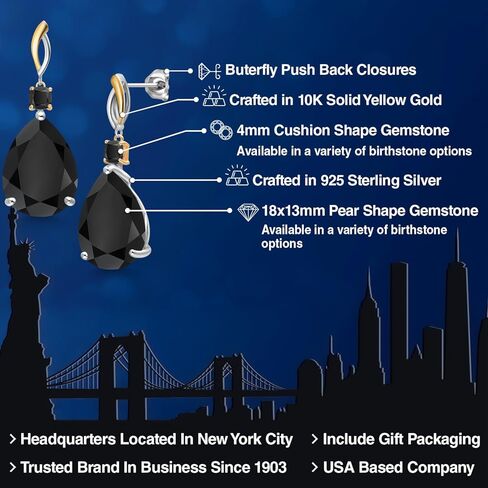Gem Stone King 20.38 Cttw Black Onyx Drop Dangle Earrings For Women | 925 Silver and 10K Yellow Gold | Gemstone December Birthstone | Pear Shape 18X13MM and Cushion 4MM in Saudi Arabia
