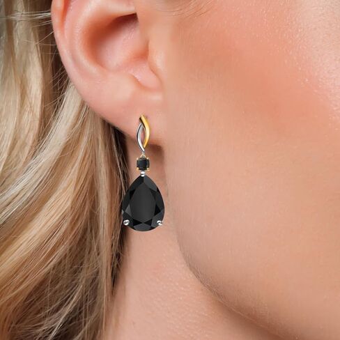 Gem Stone King 20.38 Cttw Black Onyx Drop Dangle Earrings For Women | 925 Silver and 10K Yellow Gold | Gemstone December Birthstone | Pear Shape 18X13MM and Cushion 4MM in Saudi Arabia