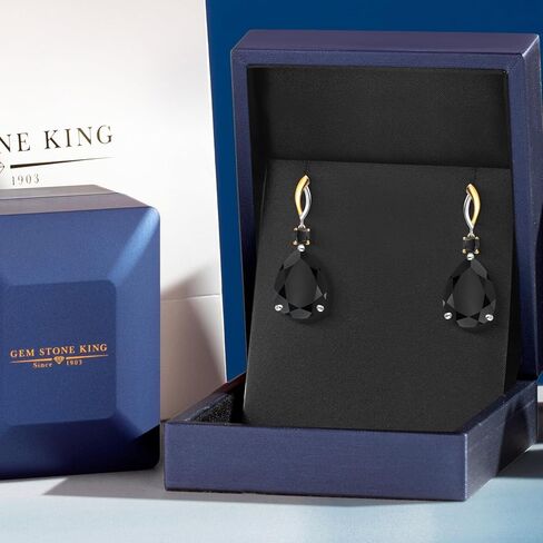Gem Stone King 20.38 Cttw Black Onyx Drop Dangle Earrings For Women | 925 Silver and 10K Yellow Gold | Gemstone December Birthstone | Pear Shape 18X13MM and Cushion 4MM in Saudi Arabia